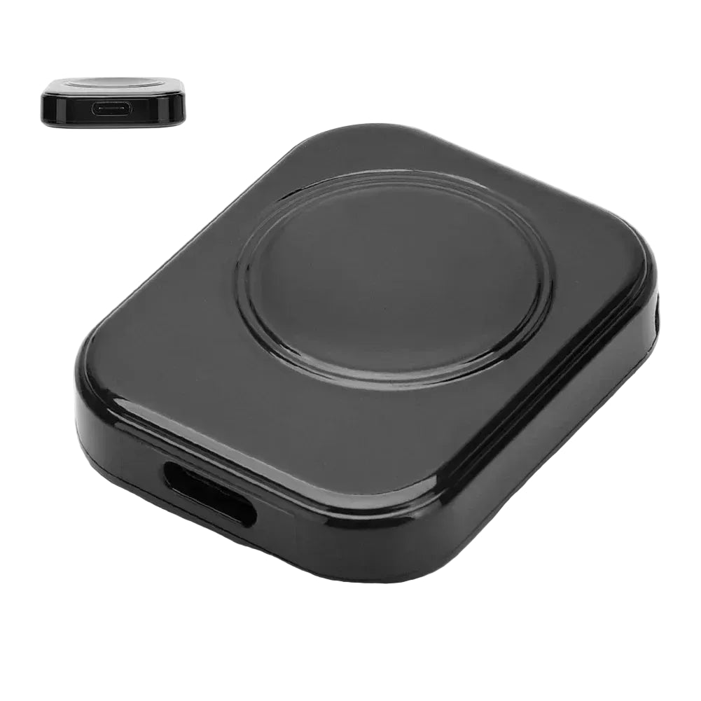 Black wireless charging pad with Type-C interface on a white background