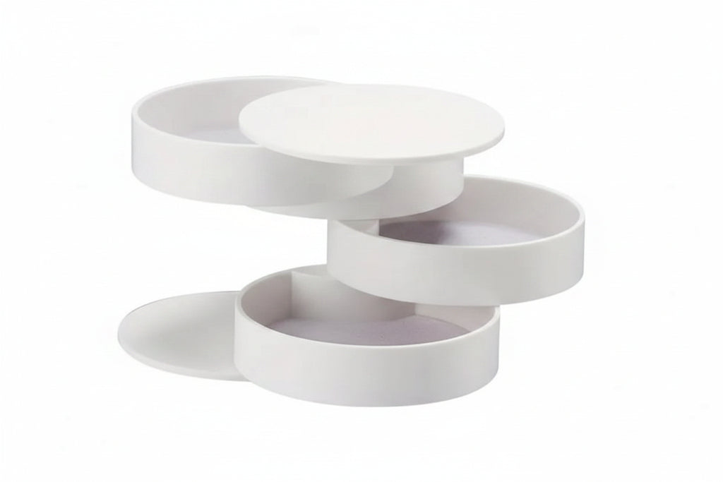 White three-tiered round tray with measurements on a white background