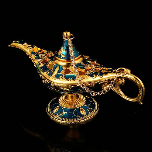 Decorative gold and blue lamp with chain on a black background