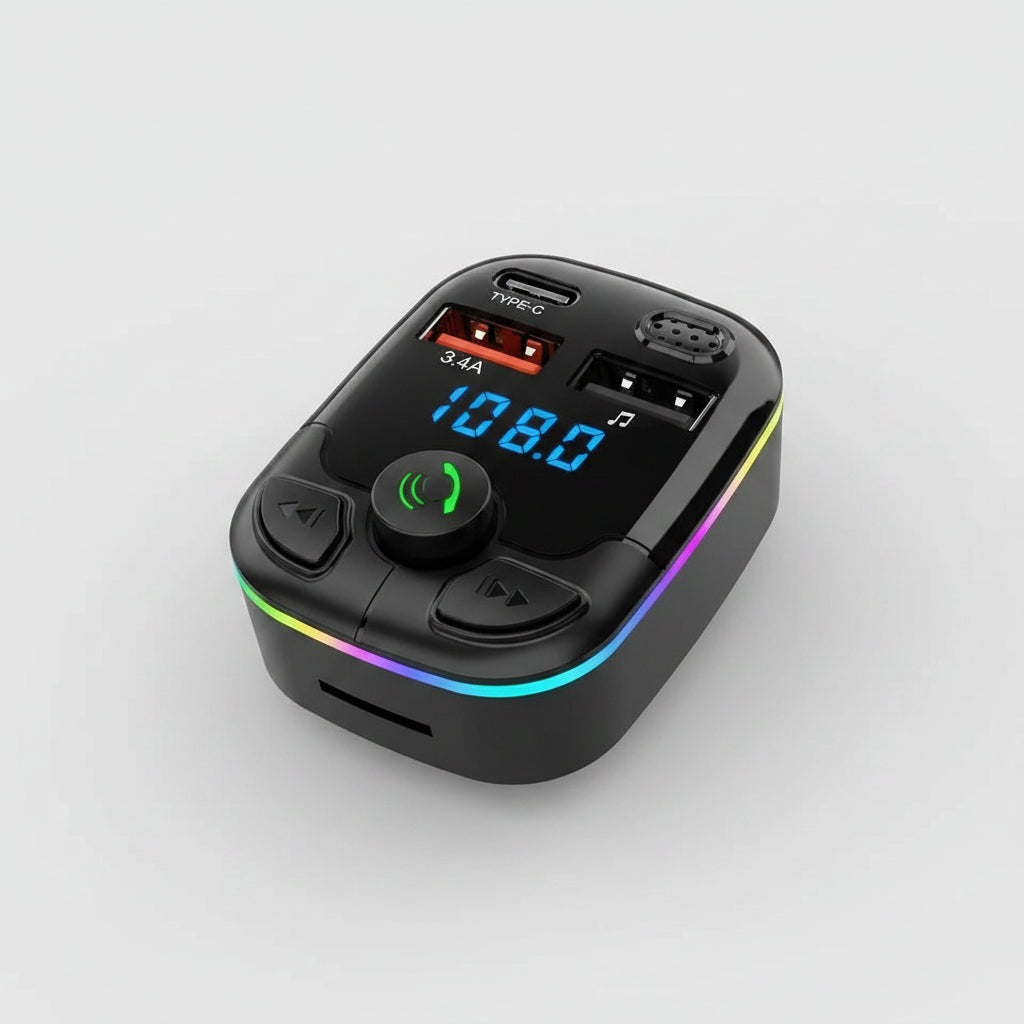Car charger with Bluetooth and FM transmitter functions, showing hand-free calling features.