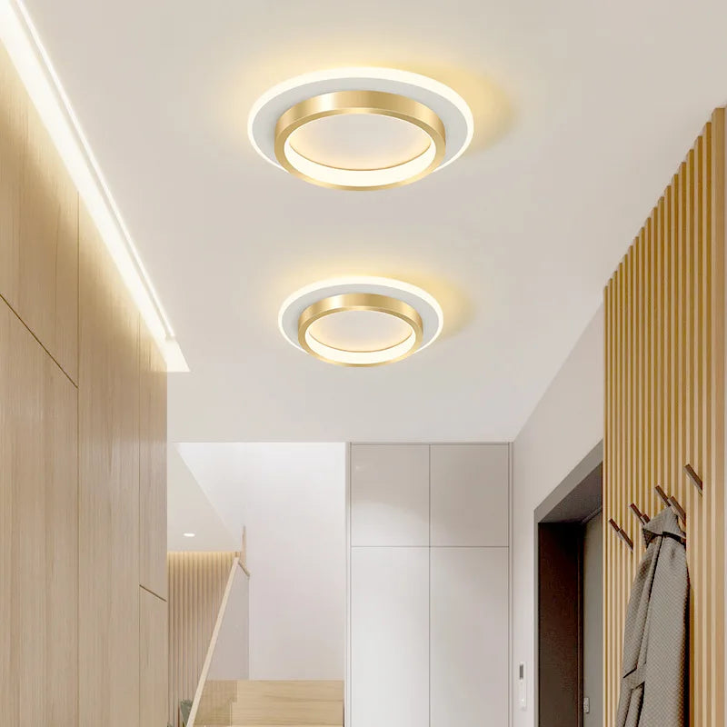 Modern ceiling lights in a hallway with wooden walls and a coat rack.