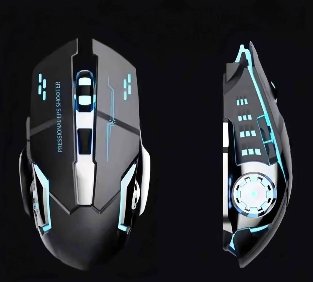 Gaming mouse with measurements on a black background