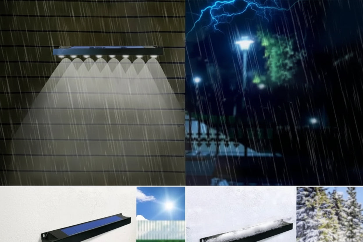 Collage of LED strip lights with rain, snow, and temperature indicators on a dark background.