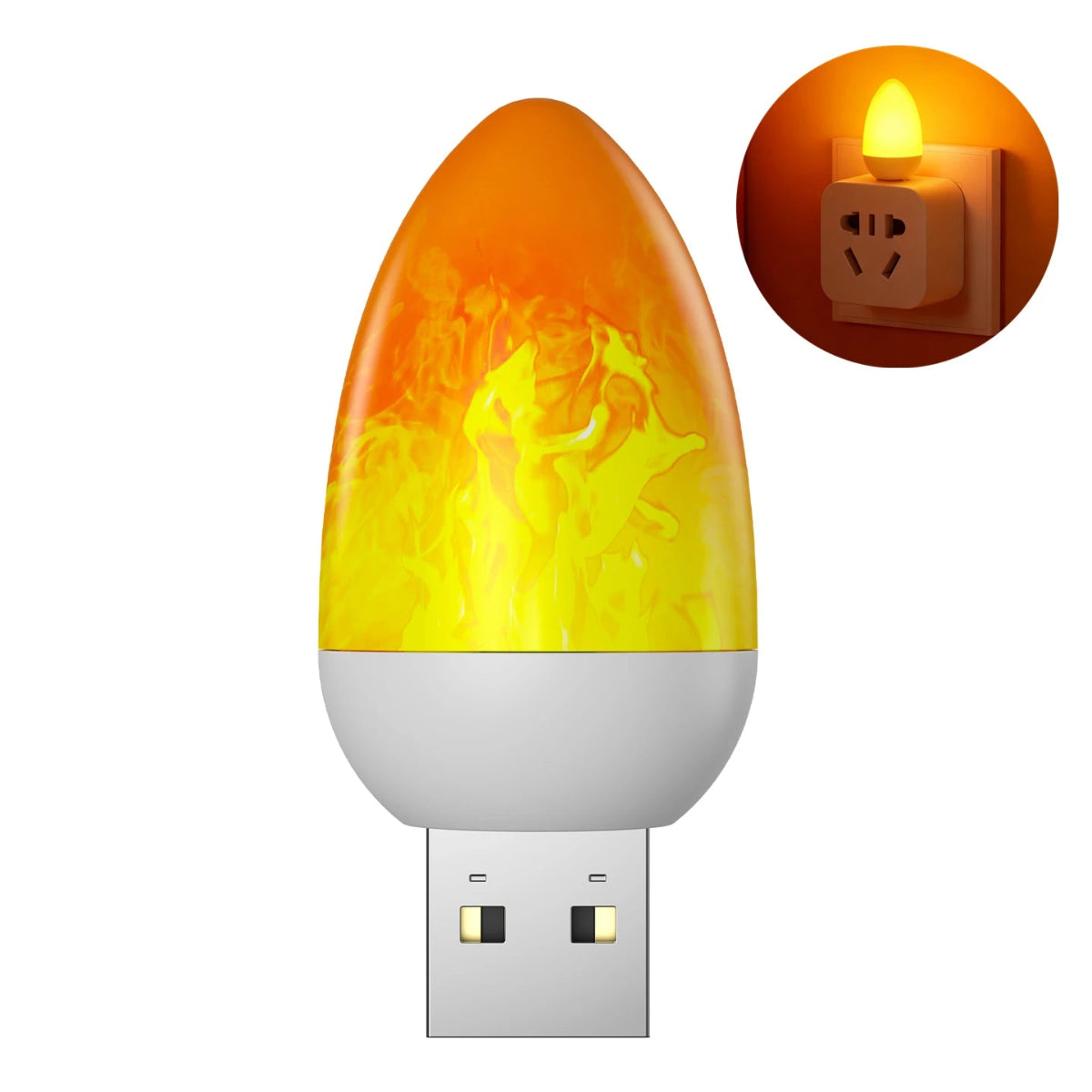 Flame-patterned USB night light with dimensions and outlet plug illustration on a white background