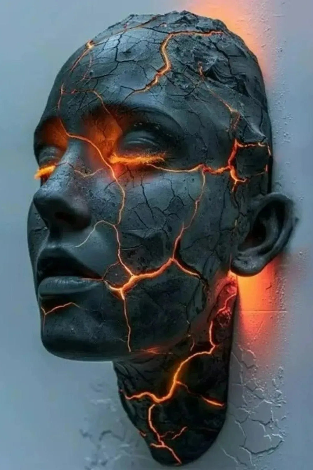 Decorative wall piece with a cracked surface and glowing orange cracks on a gray background