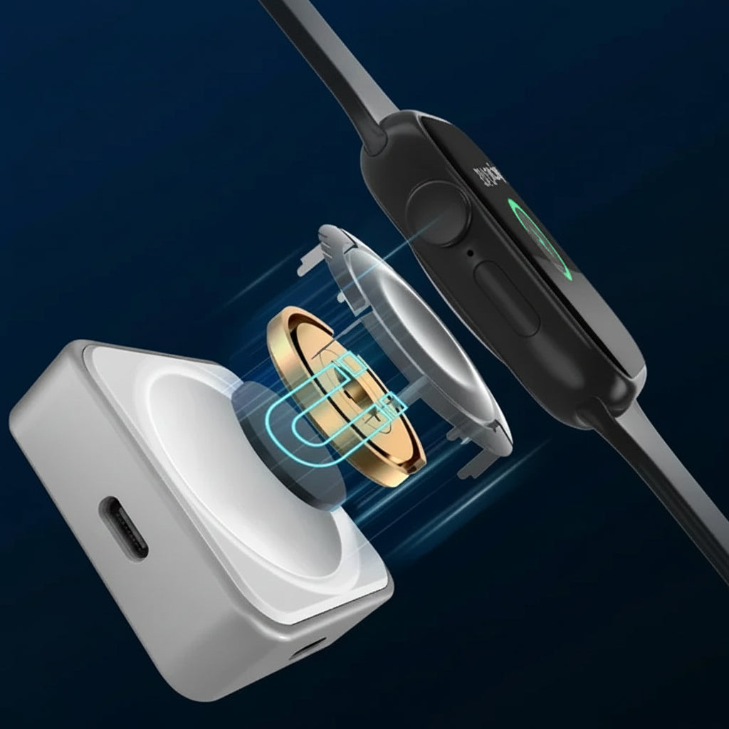 Magnetic wireless charging dot with USB-C port and Lightning interface on a dark background