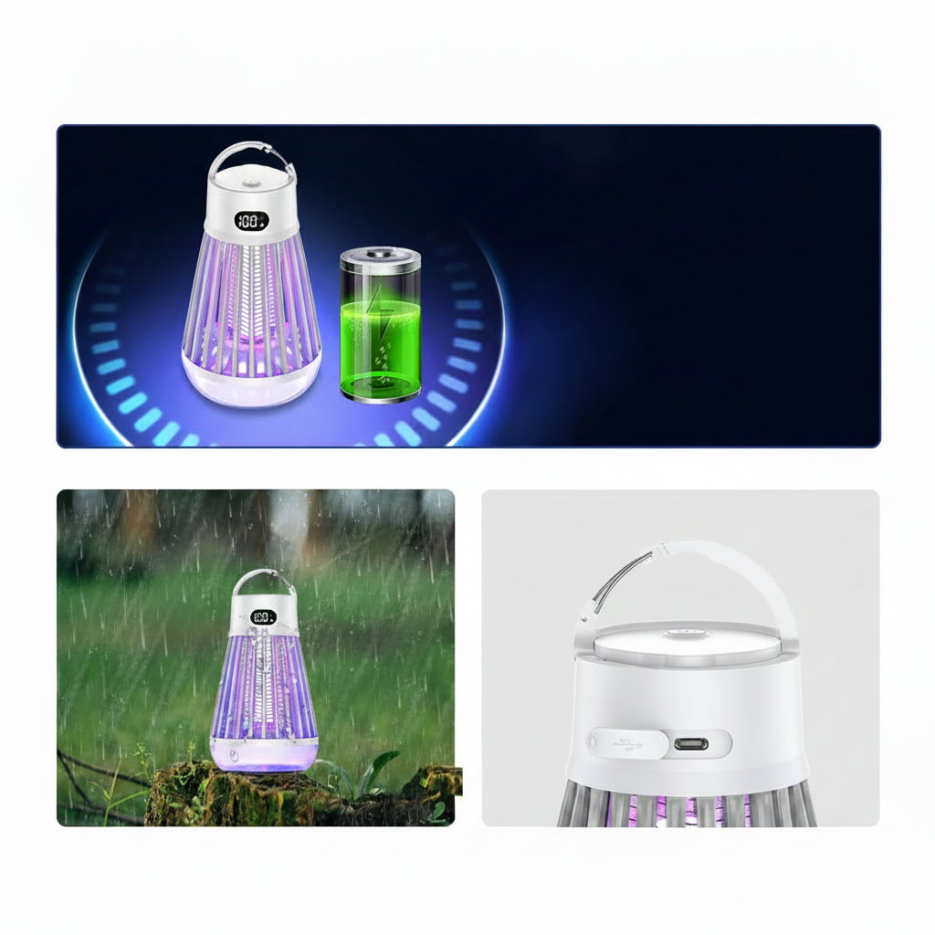 Mosquito zapper with 2000mAh battery capacity, IPX5 waterproof feature, and Type-C charging port on a dark background.