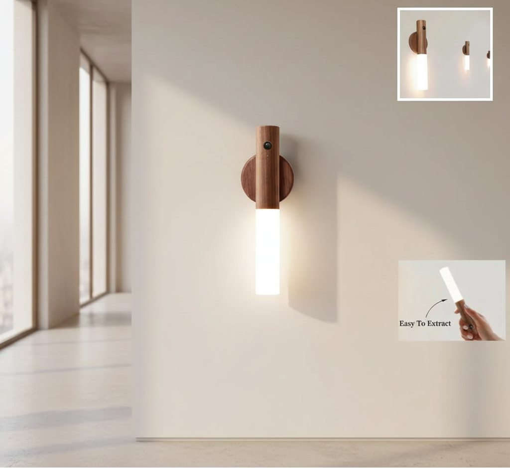 Wooden night light with a white bulb on a gray background