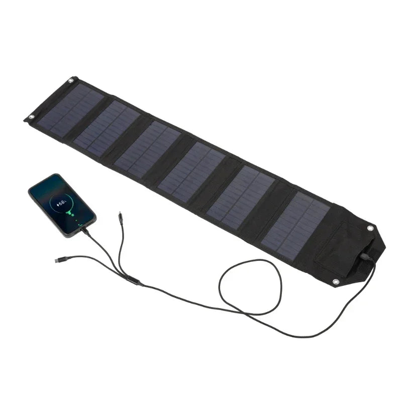 Foldable solar panel with device connected on a white background
