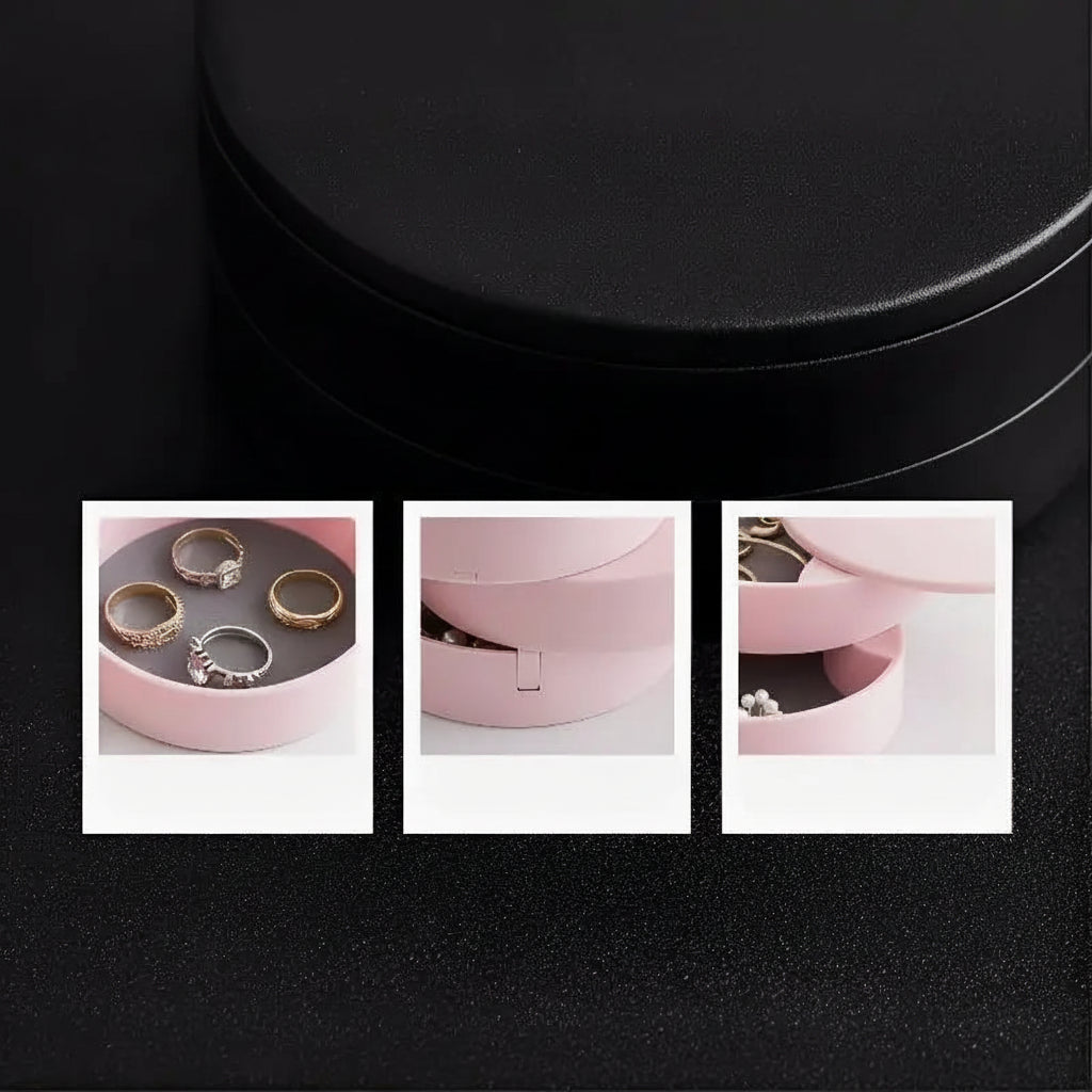 Black jewelry display box with pink interior, featuring rings and a 4-tier rotating design.