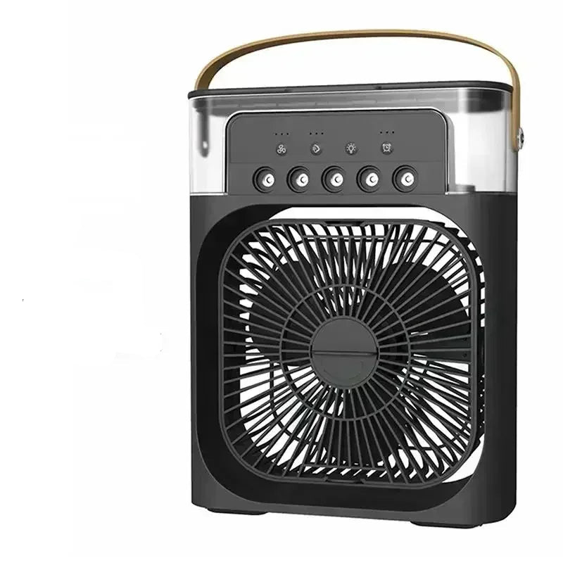 Black portable fan with USB humidifier and 7 color light features on a white background