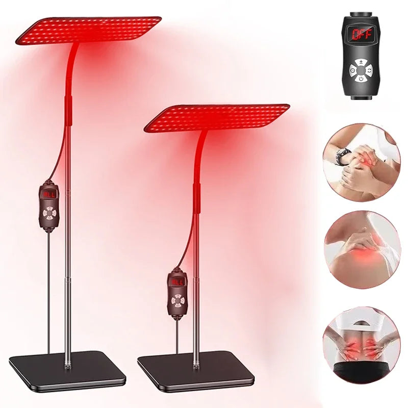 Red light therapy lamps with control panels and images of skin benefits on a white background.