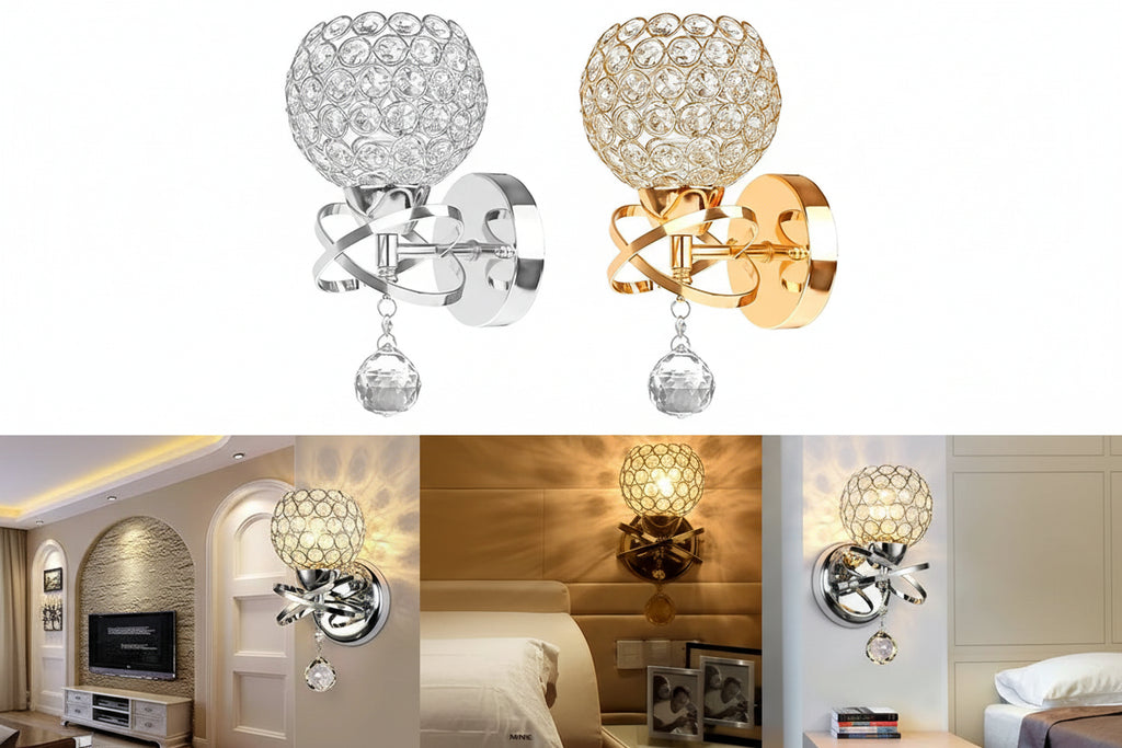 Two wall sconces, one silver and one gold, with crystal accents in different settings.