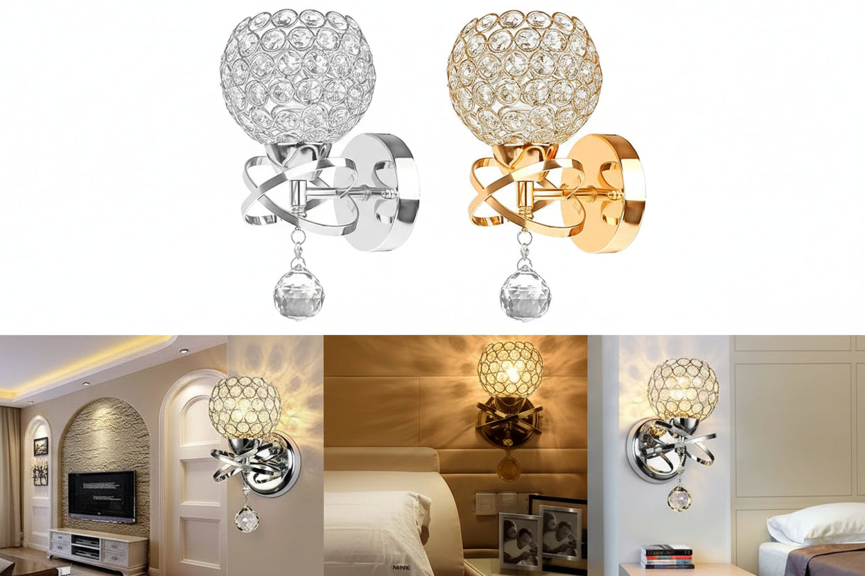 Two wall sconces, one silver and one gold, with crystal accents in different settings.