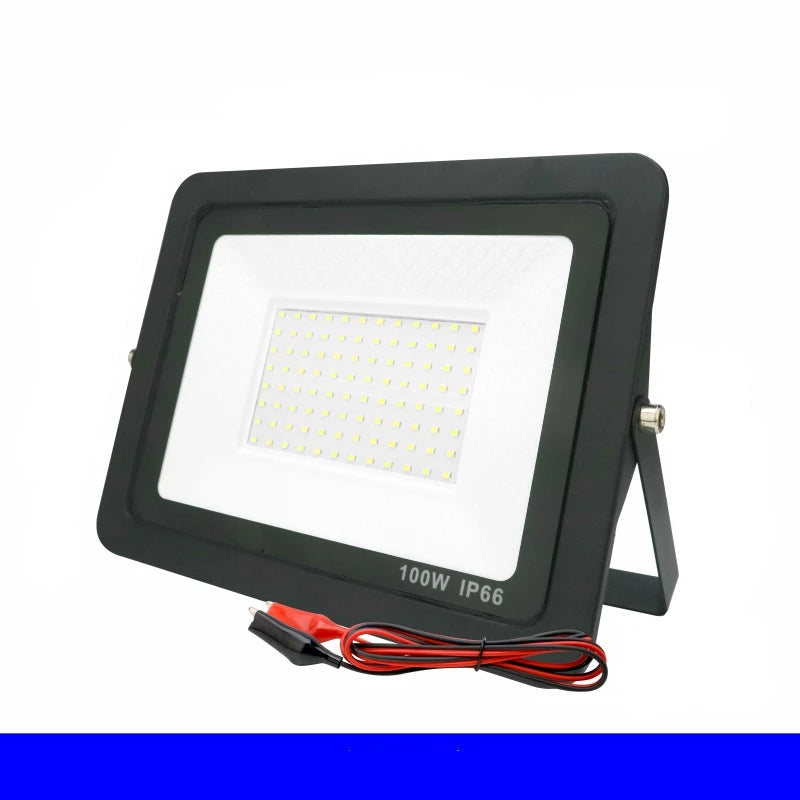 LED flood light with dimensions and specifications on a white background