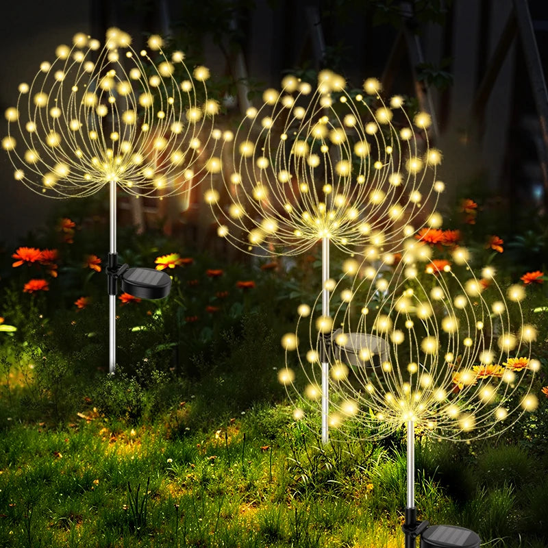 Solar garden lights shaped like dandelions in a garden setting