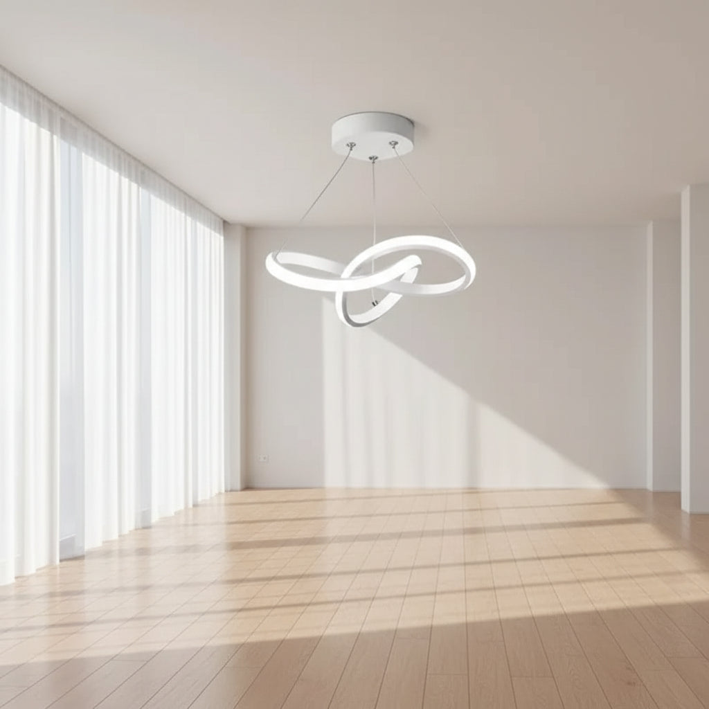 Modern pendant light with adjustable dimensions on a gray background