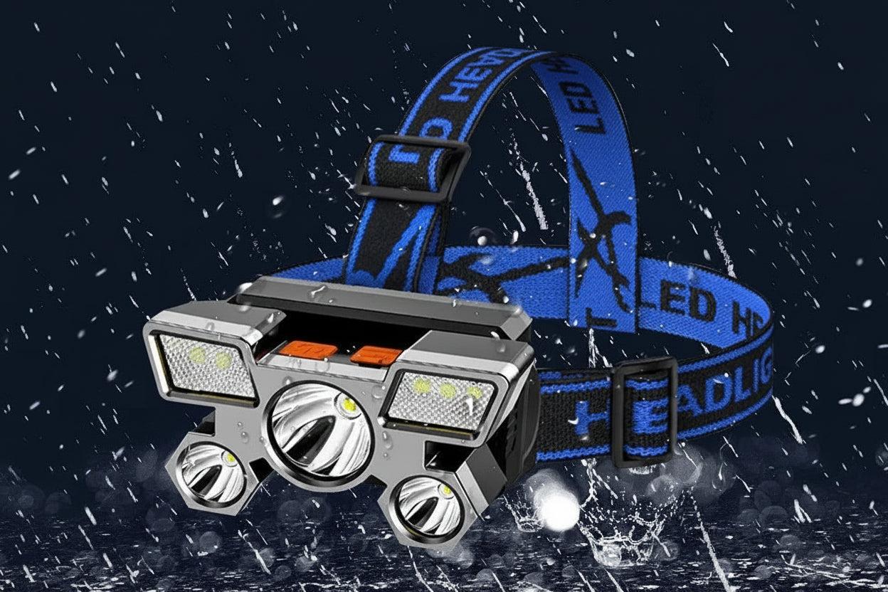 Headlamp with multiple lights on a dark background with raindrop effects