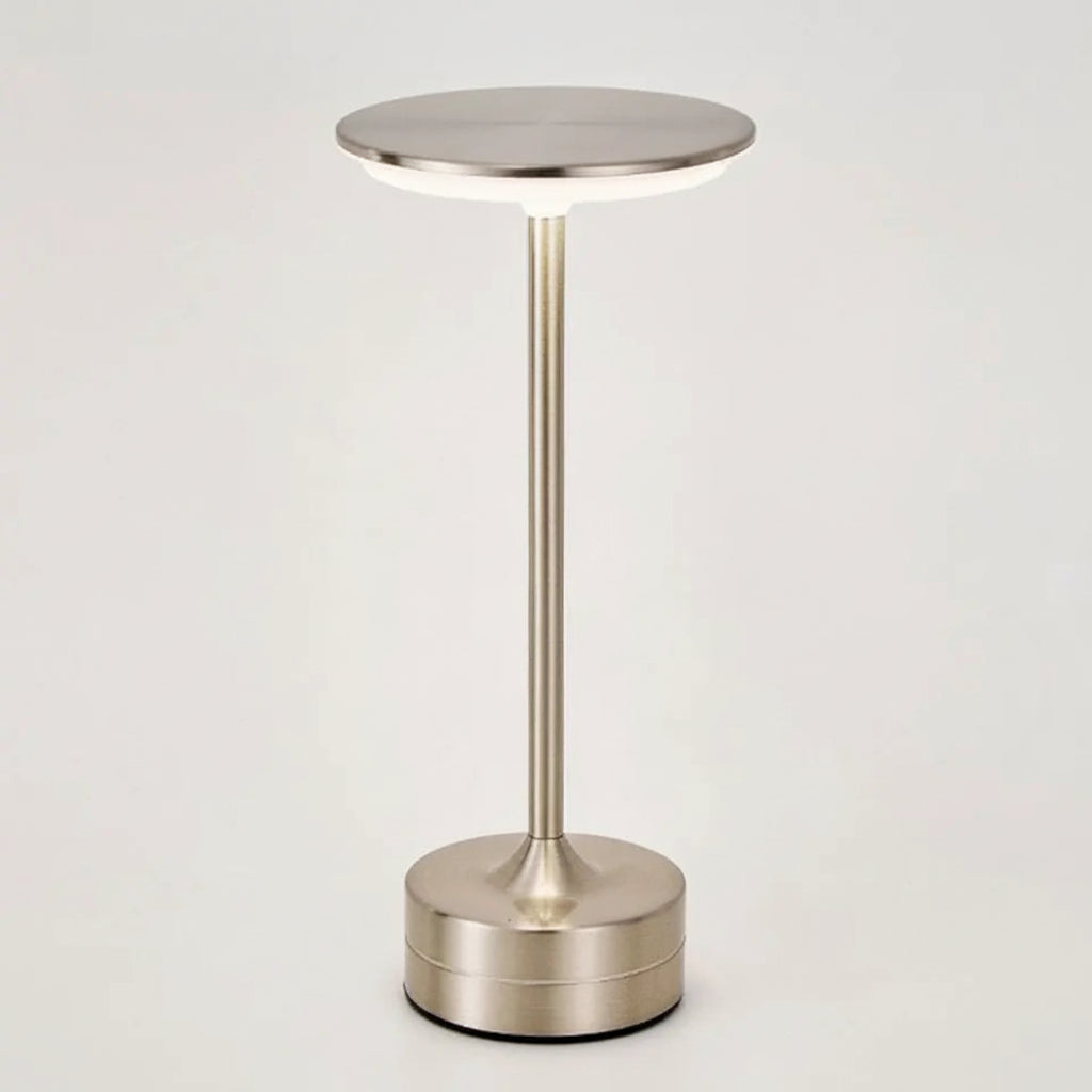 Silver LED side table with three-color touch dimming and Type-C charging on a light gray background