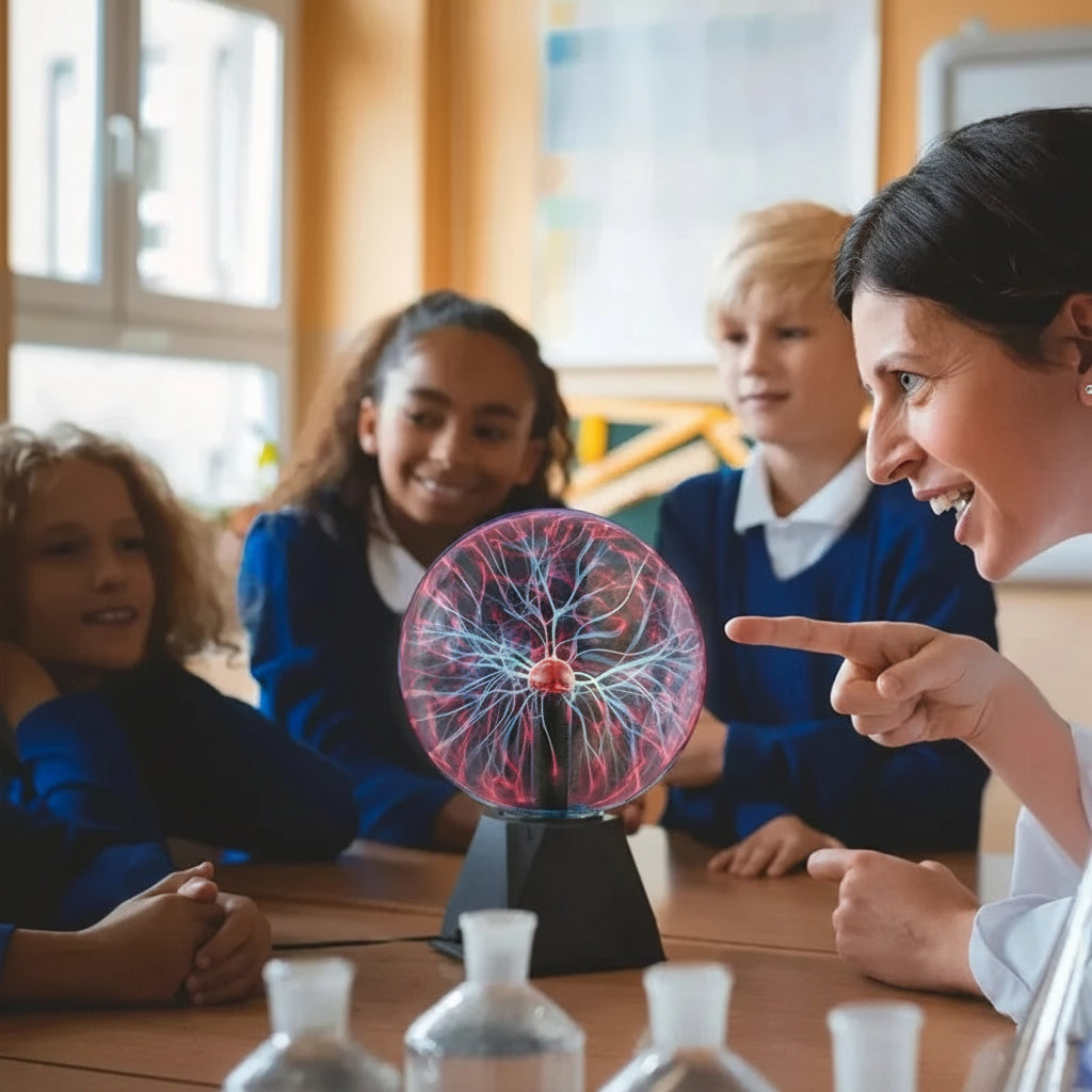 Teacher and students in a classroom with a science exhibit on a table.