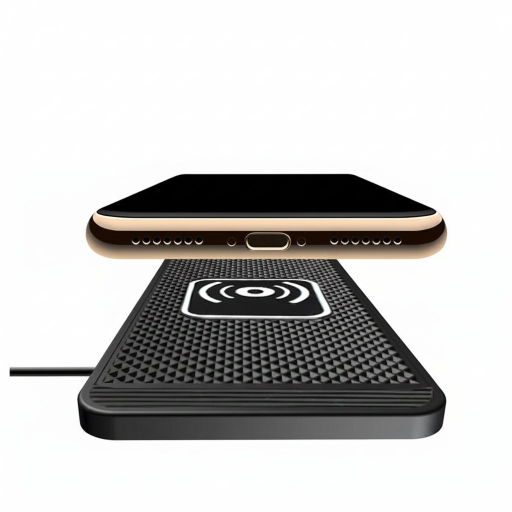 Wireless charging pad with anti-slip design and phone on top, text indicating anti-slip feature.