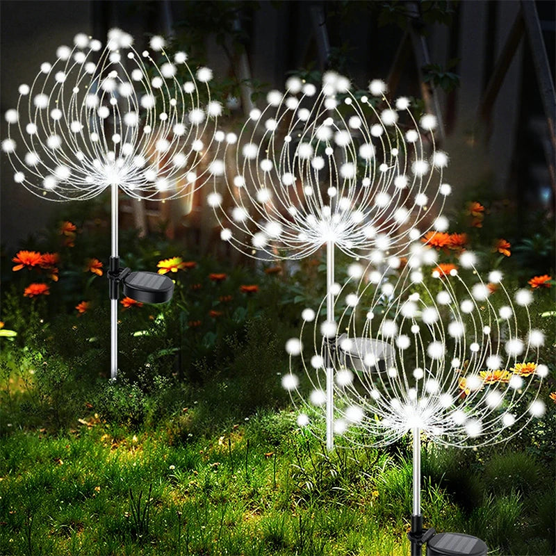 Solar garden lights shaped like dandelions in a garden setting with flowers.