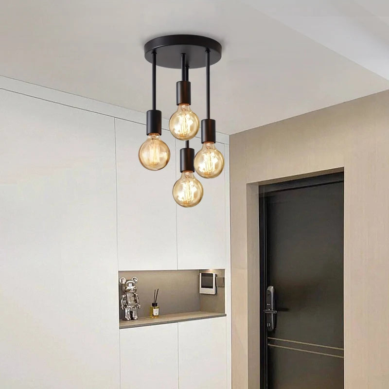 Ceiling light fixture with multiple bulbs in a modern interior setting