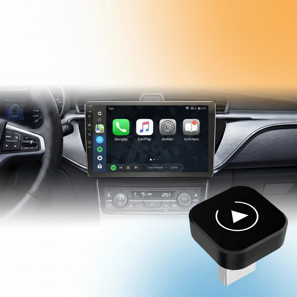 2-in-1 wireless adapter for CarPlay and Android Auto with smartphone display and product on car dashboard.