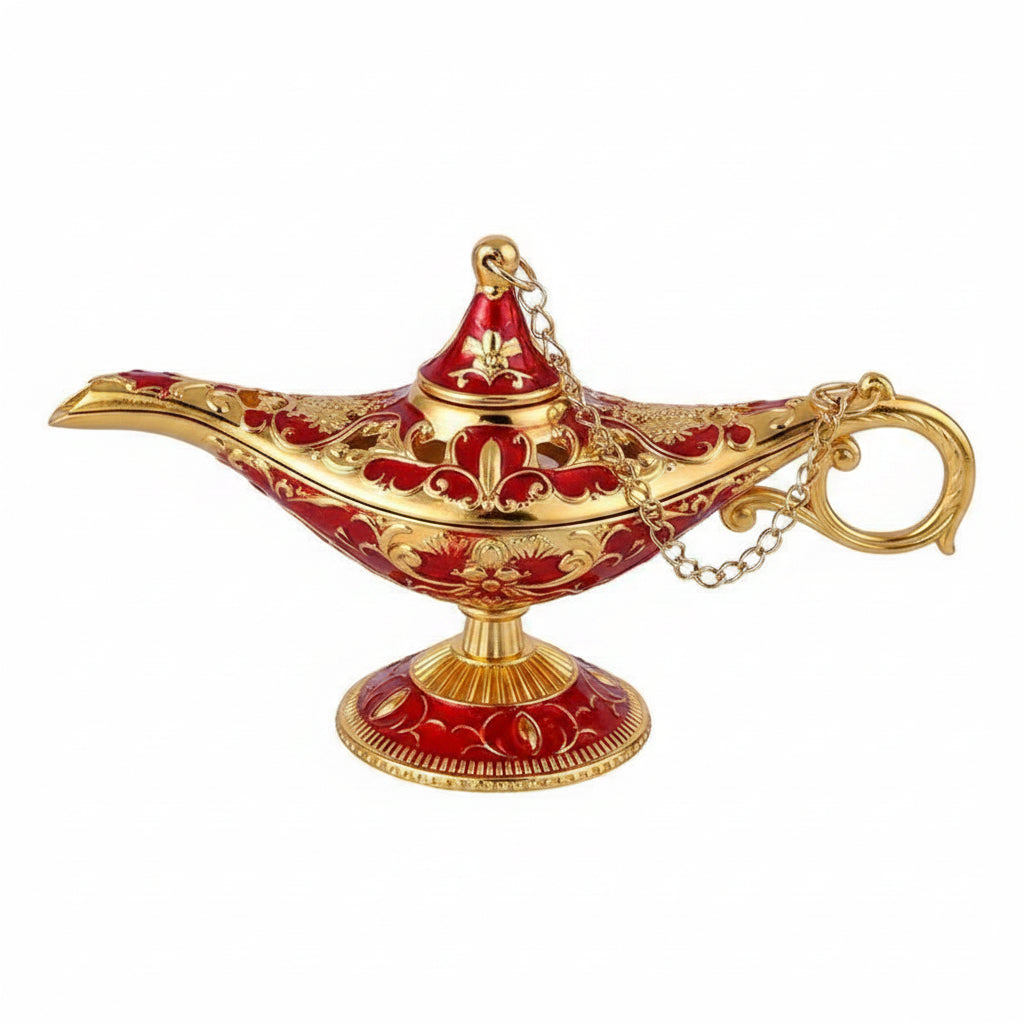 Decorative red and gold lamp with measurements on a black background