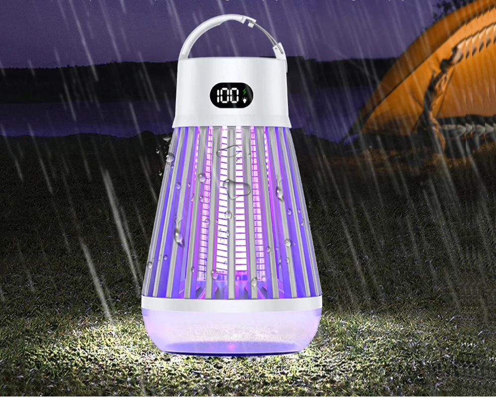 Insect repellent lamp with digital display in a rainstorm, featuring waterproof and intelligent display screen features.