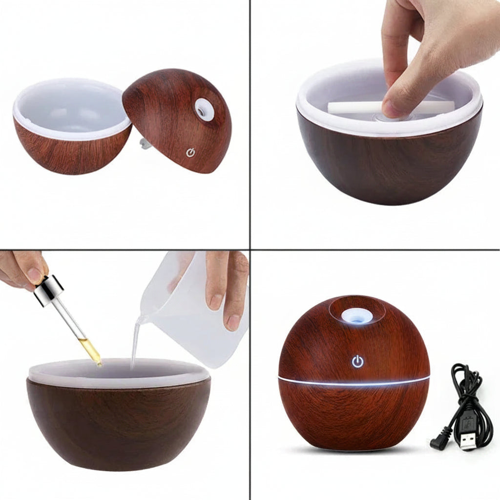 Step-by-step guide on using a wooden diffuser with text instructions.