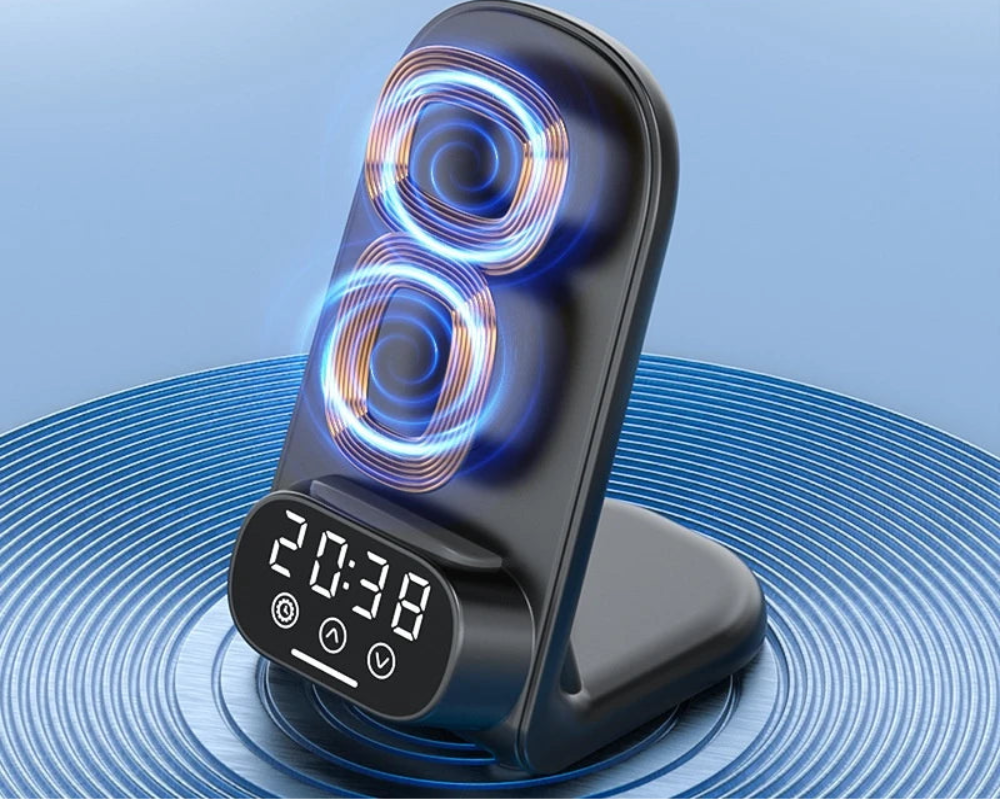Black wireless charger with digital display on a blue background